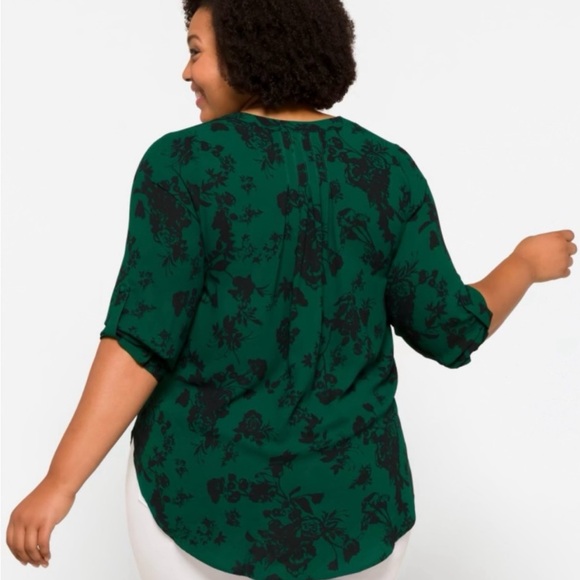 41 Hawthorne Karie Split Neck Blouse Green Black Floral 3/4 Sleeve Top Size 1X - Picture 10 of 12
